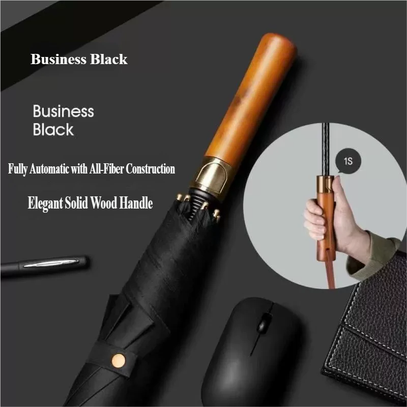 Golf Umbrella Large - Automatischer Business-Golfschirm, Premium Holzgriff-Regenschirm für Herren